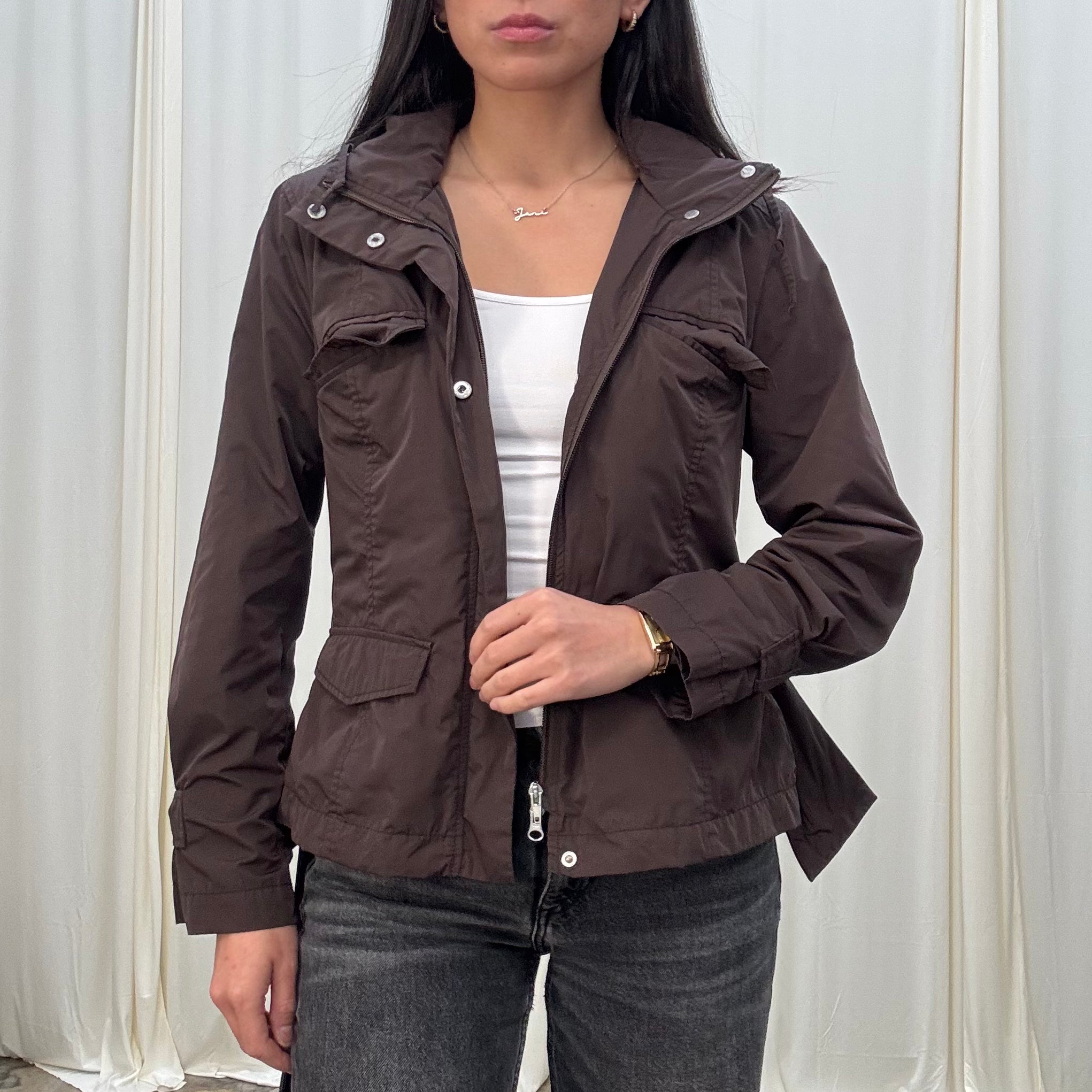 Vintage Hooded Brown Windbreaker Jacket