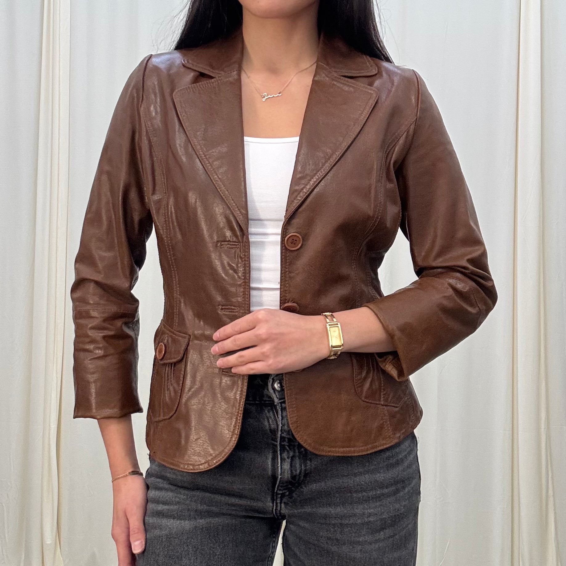 Vintage Brown Leather Buttoned Blazer