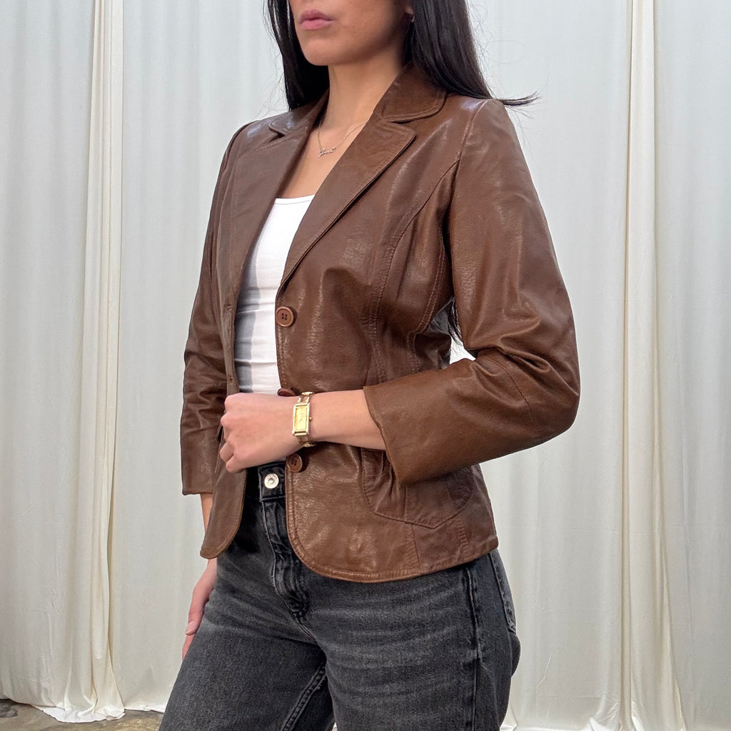 Vintage Brown Leather Buttoned Blazer