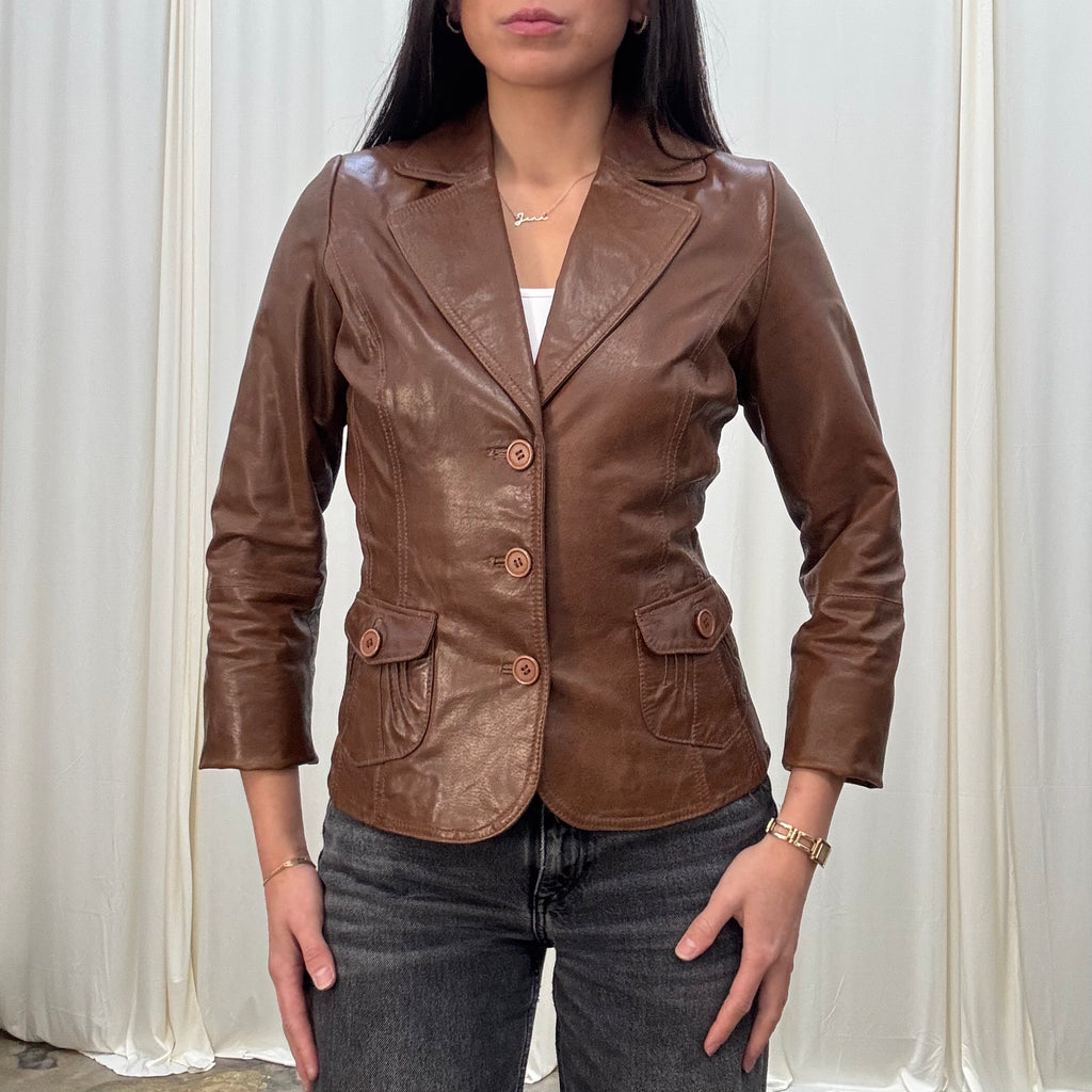 Vintage Brown Leather Buttoned Blazer