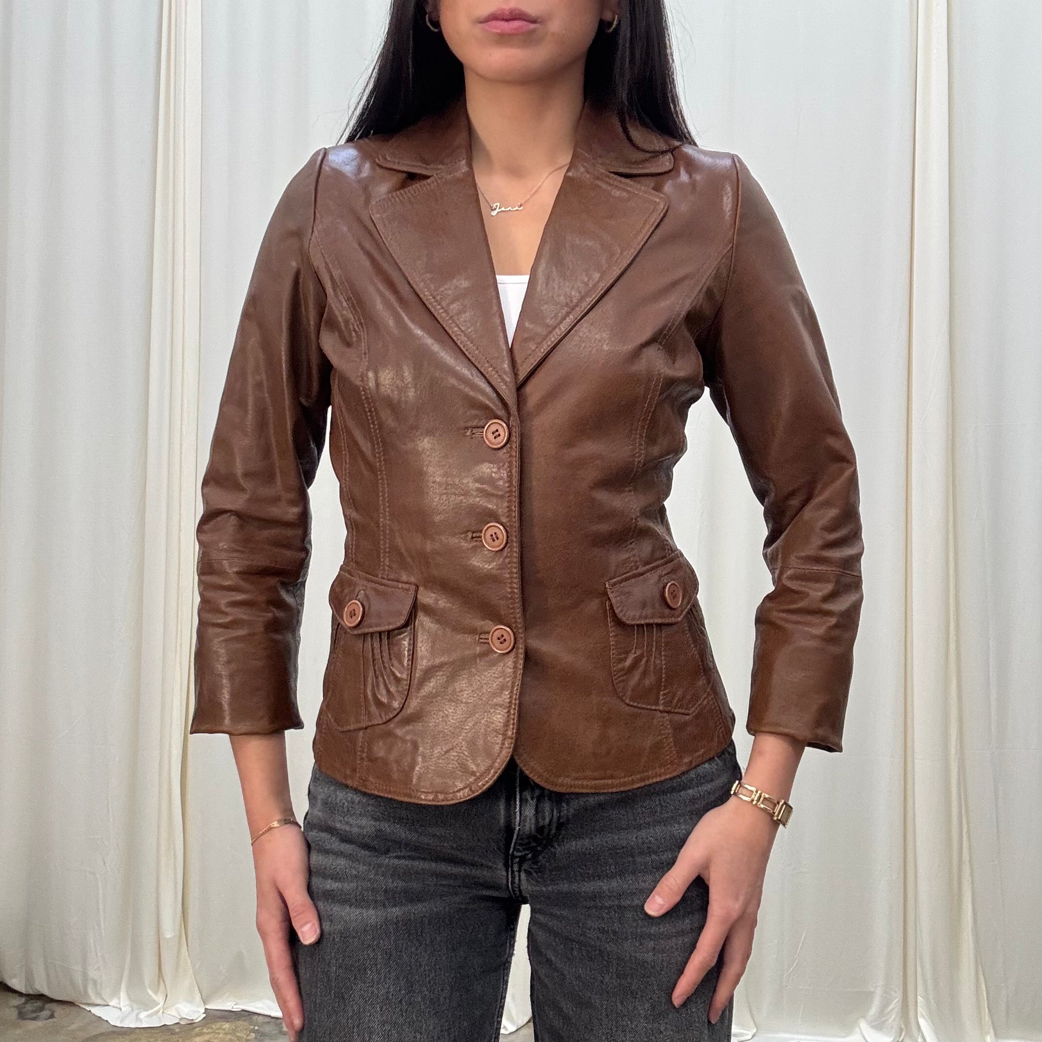 Vintage Brown Leather Buttoned Blazer