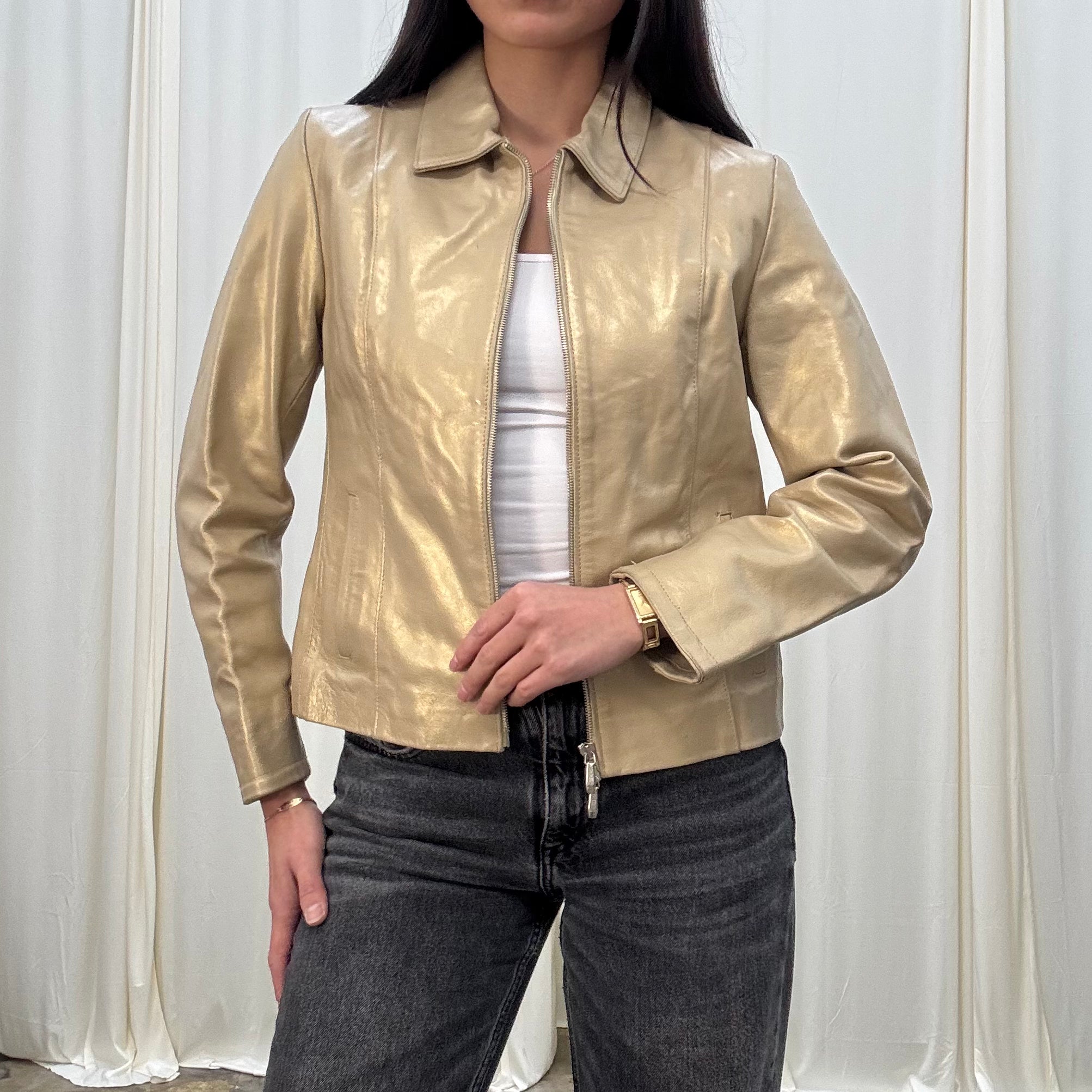 Vintage Metallic Leather Zip Up Jacket