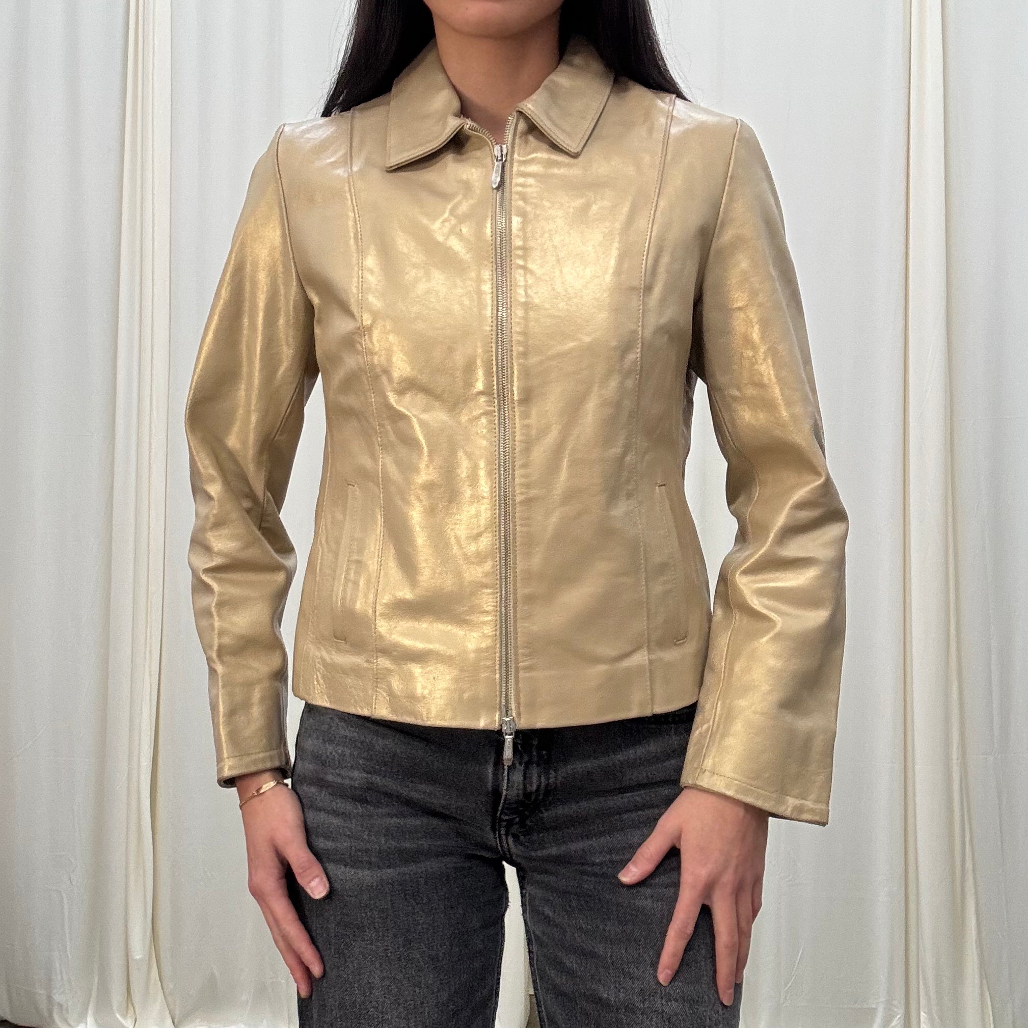 Vintage Metallic Leather Zip Up Jacket