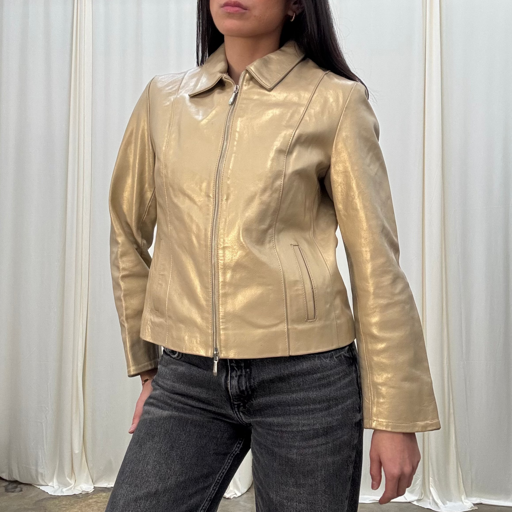Vintage Metallic Leather Zip Up Jacket